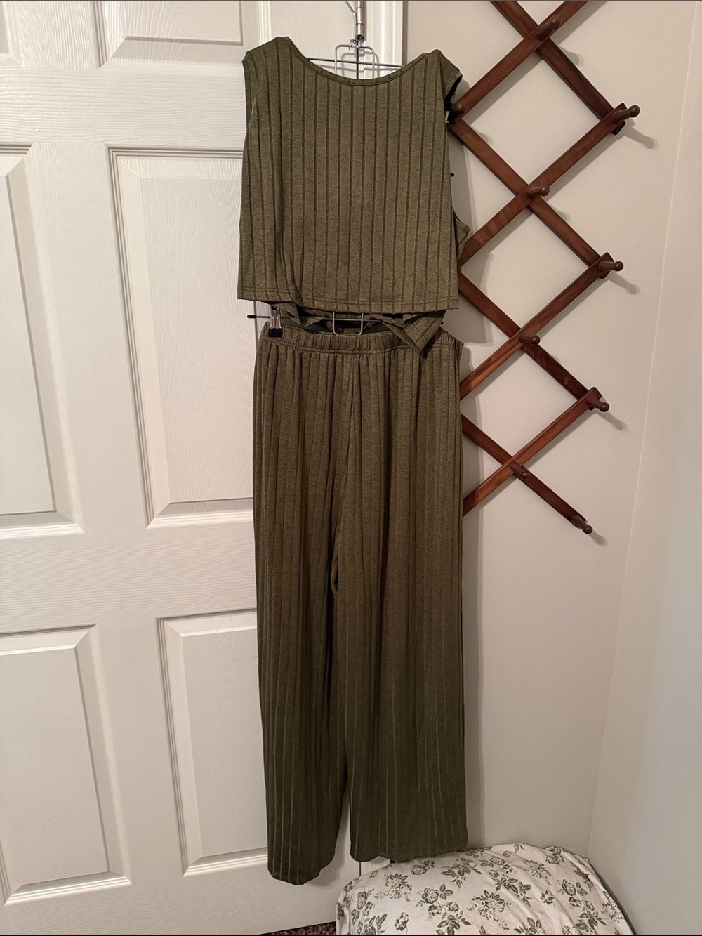 Olive Ribbed Two-Piece Jumpsuit Set